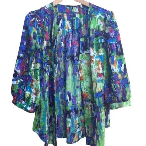 Milano Cardigan Open Artist Smock 3/4 Peasant Puff Sleeve Watercolor Sz M - Picture 3 of 7